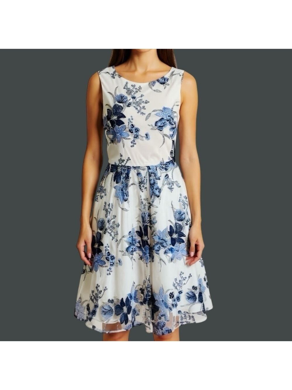 Tahari ASL‎ Embroidered Mesh Dress 8 Blue Silver Fairy Garden Prom Y2K Revival